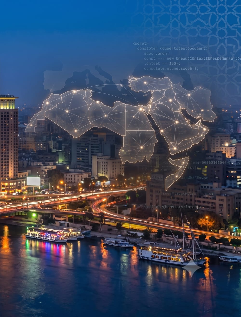 Cairo skyline over the Nile with a glowing network map of the MENA region